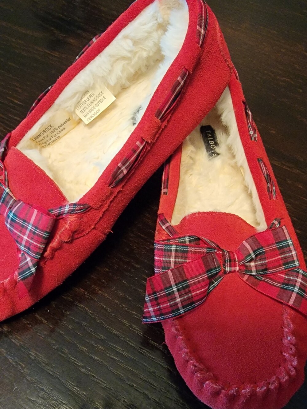 Talbots Red Plaid Bow Fuzzy Lined Moccasin Slippers